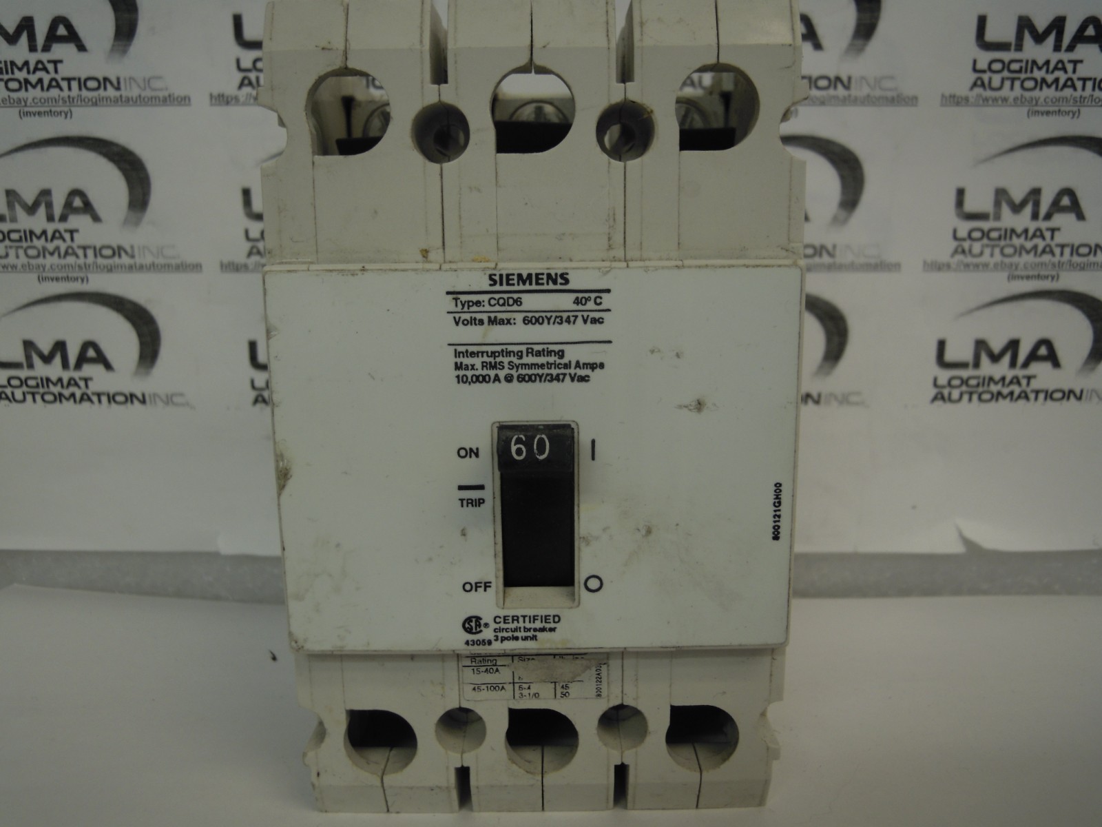 SIEMENS CQD6 CIRCUIT BREAKER 60A 3-POLE 600Y/347V CQD6360 MOLDED CASE