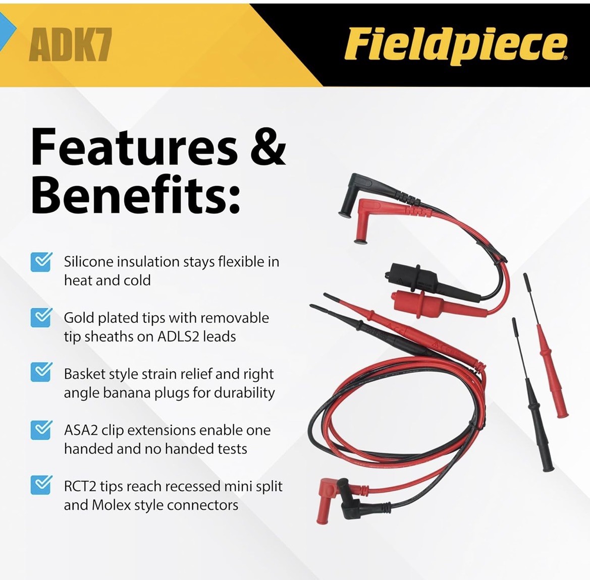 Fieldpiece ADK7 Deluxe Silicone Test Lead Set with Clips/Molex Tips- Brand New