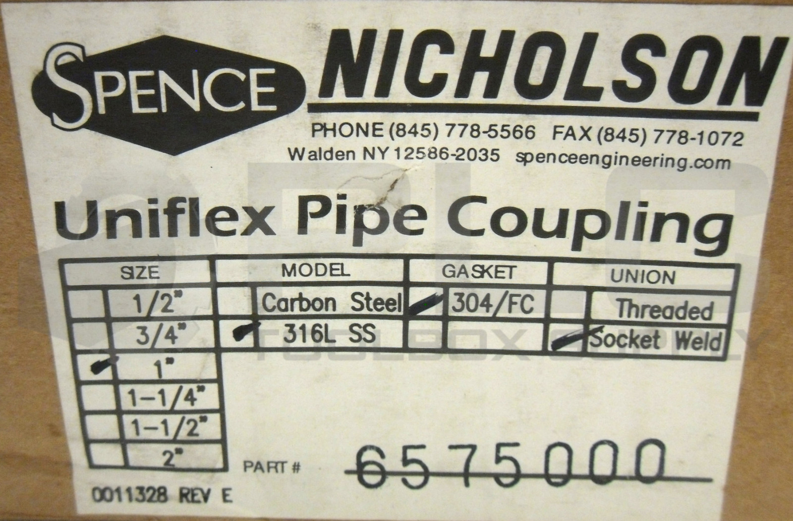 NEW SPENCE NICHOLSON 6575000 UNIFLEX PIPE COUPLING 1″ 304/FC GASKET SOCKET WELD