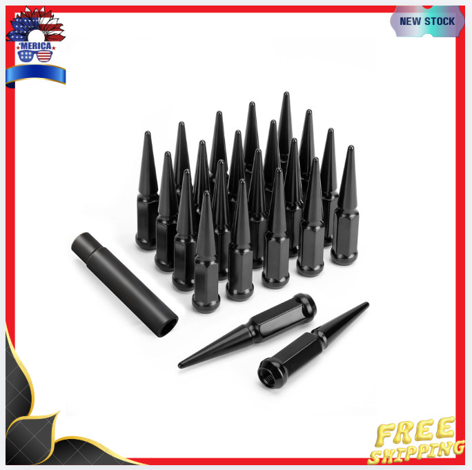 New 14×1.5 Spike Lug Nuts 24PCS Black w/ Key for Chevy Ford Ram Jeep