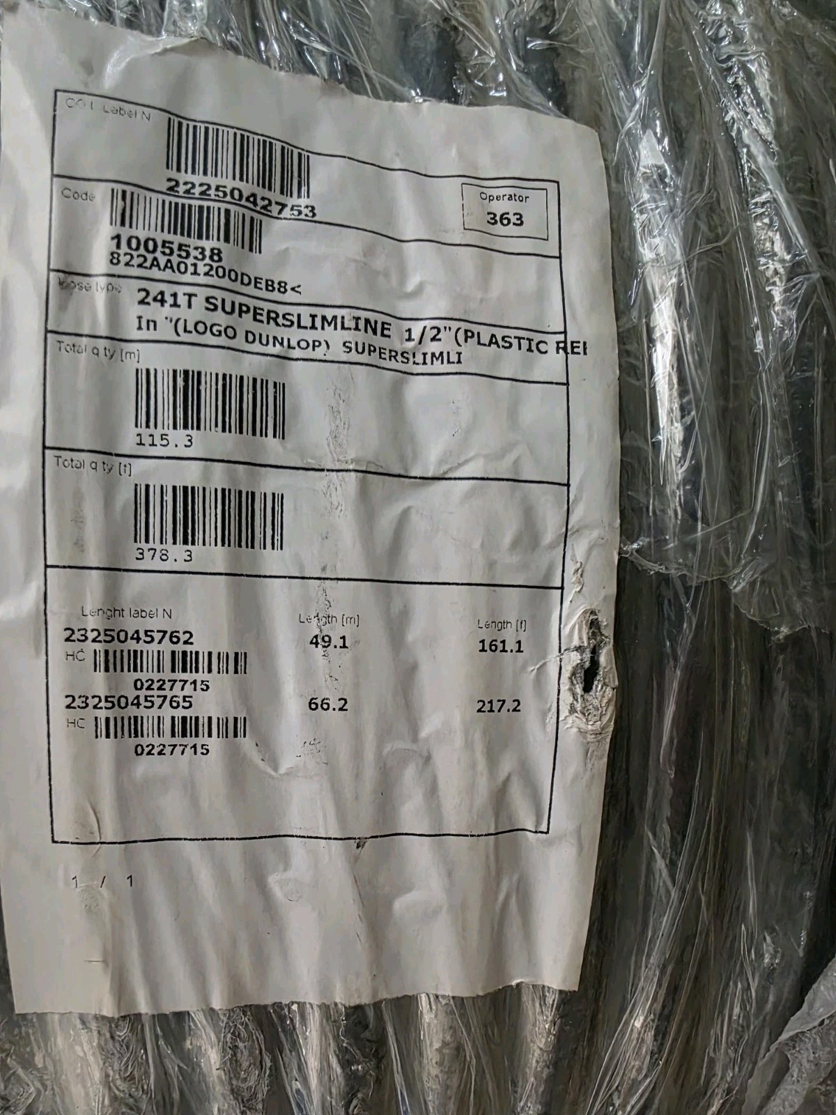*378ft* Dunlop Hiflex Super Slimline 241 hi tuff 1/2″ 4500 psi New Spool