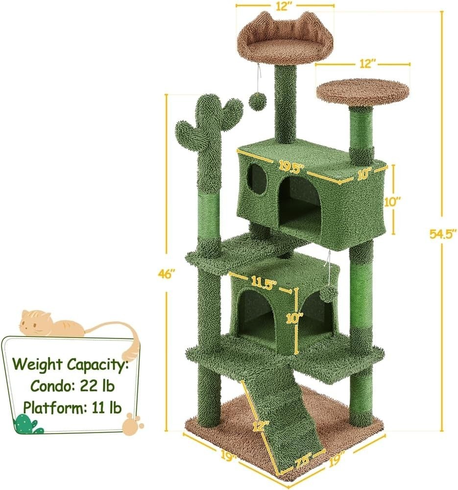Cactus Tree Condo with Perch and Platform for Cats, Kittens 54.5″ H Green/Brown