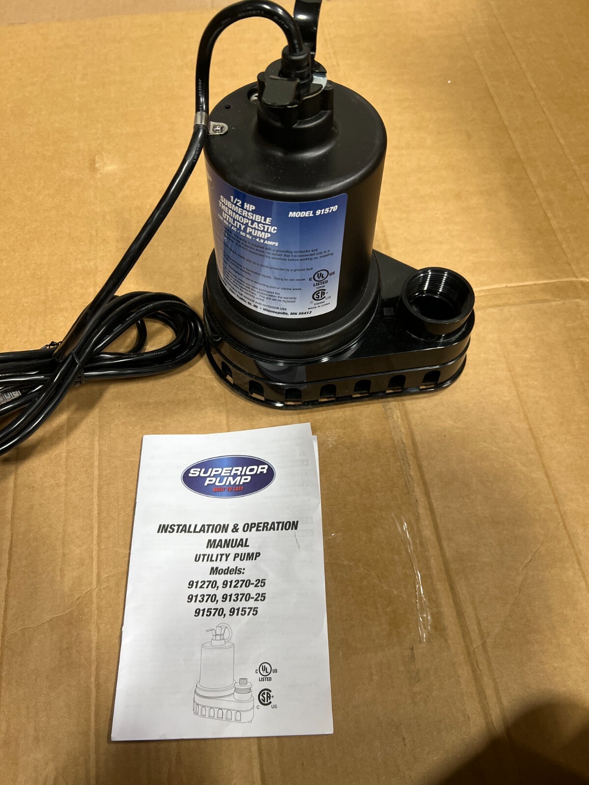 Superior Pump Thermoplastic Submersible Utility Pump 1/2 HP MODELS: 91270/25 ..
