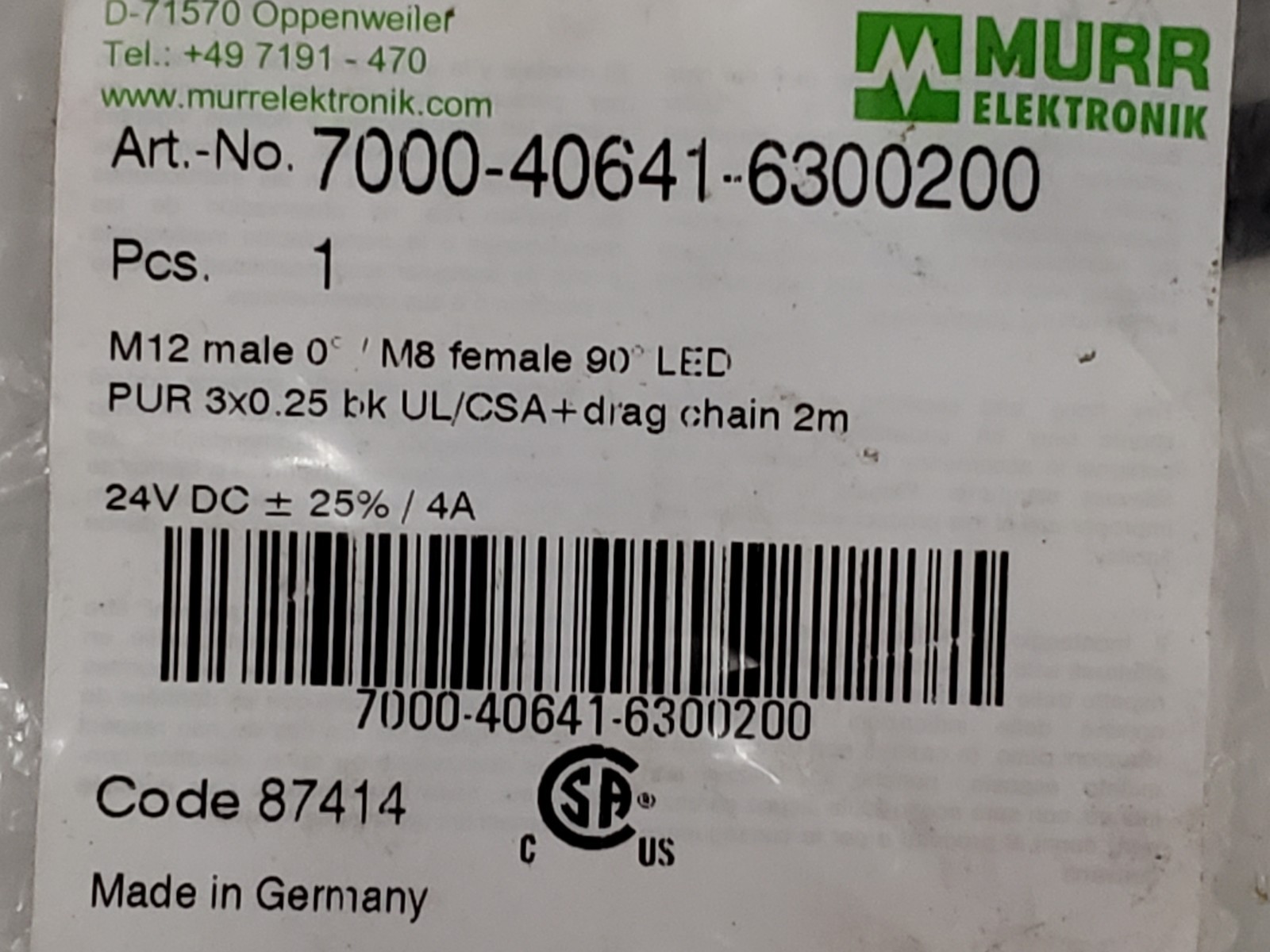 MURR ELEKTRONIK 7000-40641-6300200 CABLE M12 MALE/M8 FEMALE 90° LED 24V DC NIB
