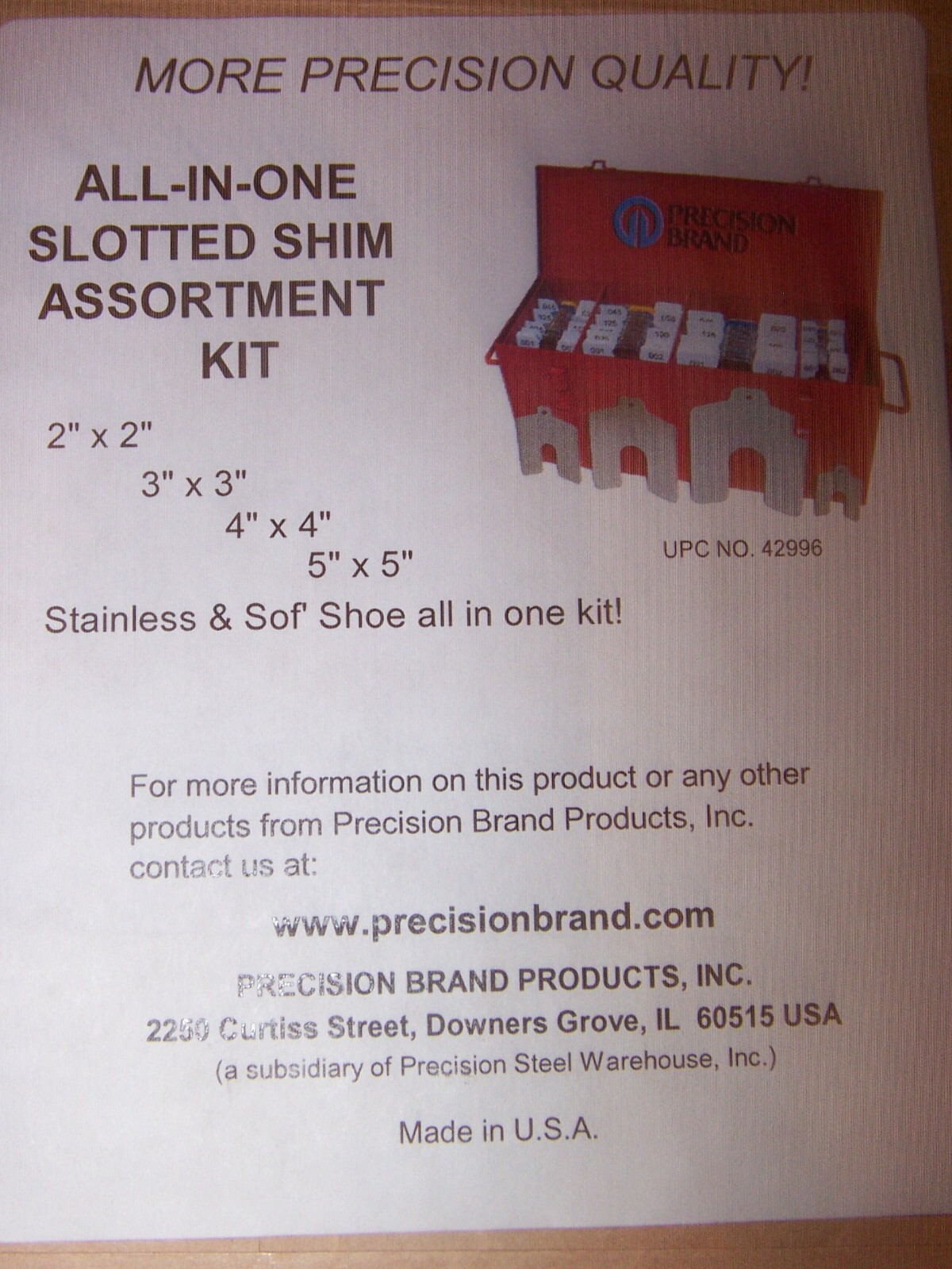Size E 42625 Precision Brand 6″ x 6″ x .005″ Stainless 2″ Slotted Shim 5 Pack