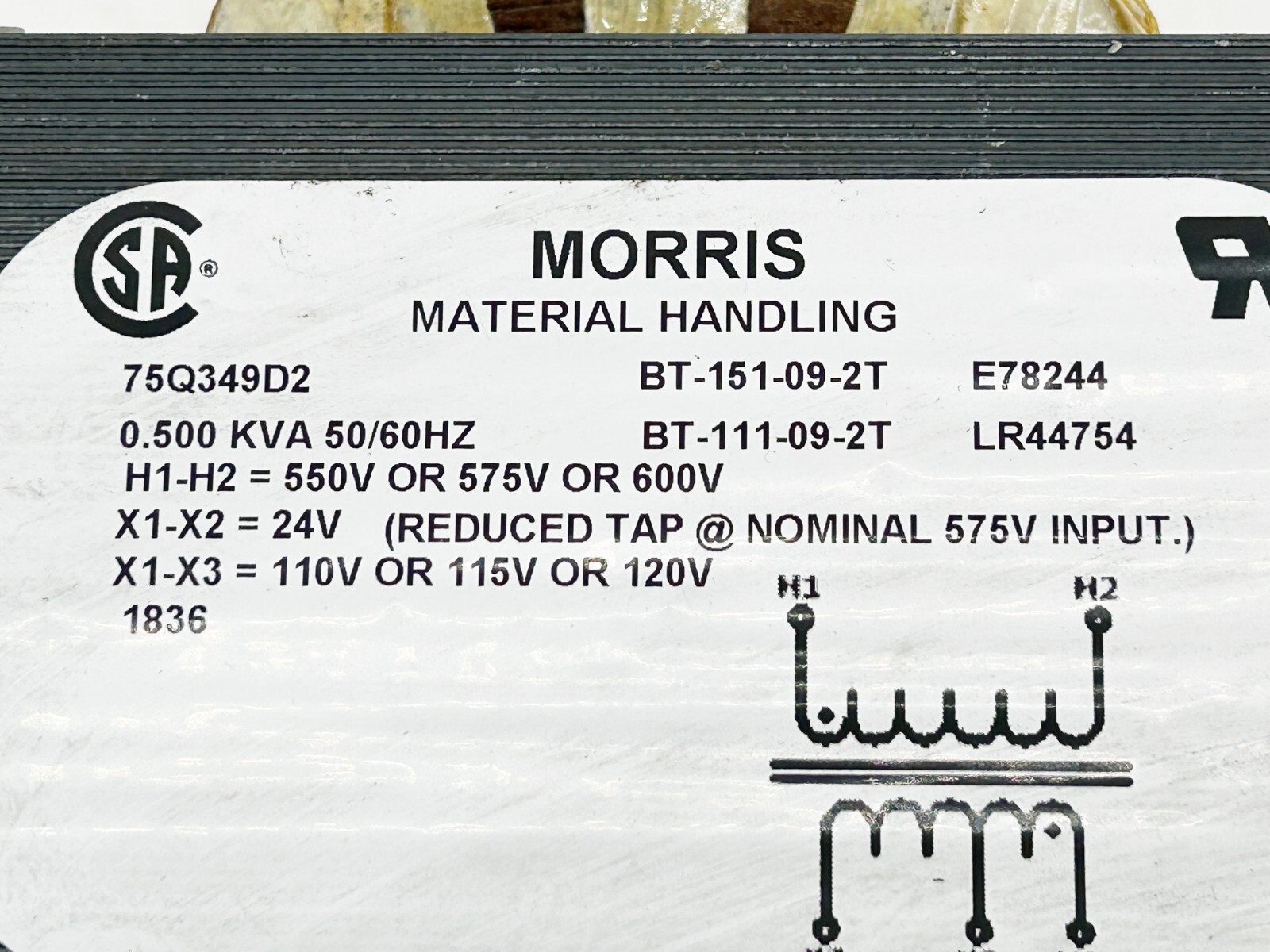 New Morris 75Q349D2 Transformer 500VA 550-600V Pri. 24V/110-120V Sec.