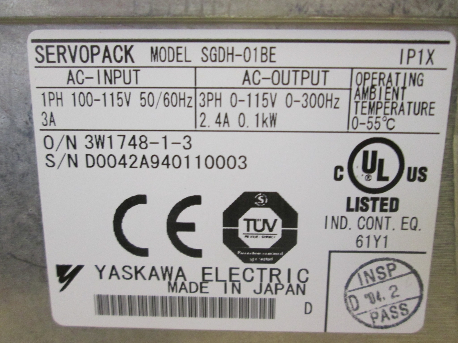 Yaskawa, Servopack, Motor Driver, SGDH-01BE, 100-115V, 50/60Hz, Used