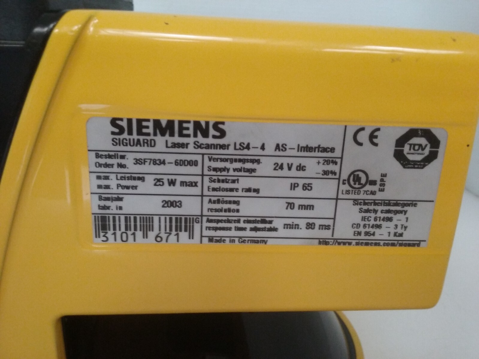 SIEMENS 3SF7843-6DD00 SIGUARD LASER SCANNER LS4-4 24V 25W NNB