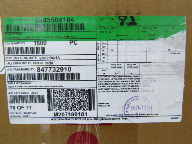 Molex 945504104 Qty of 55 per Lot 5.00mm Pitch Rast 5 PA Polyamide (Nylon) 6/