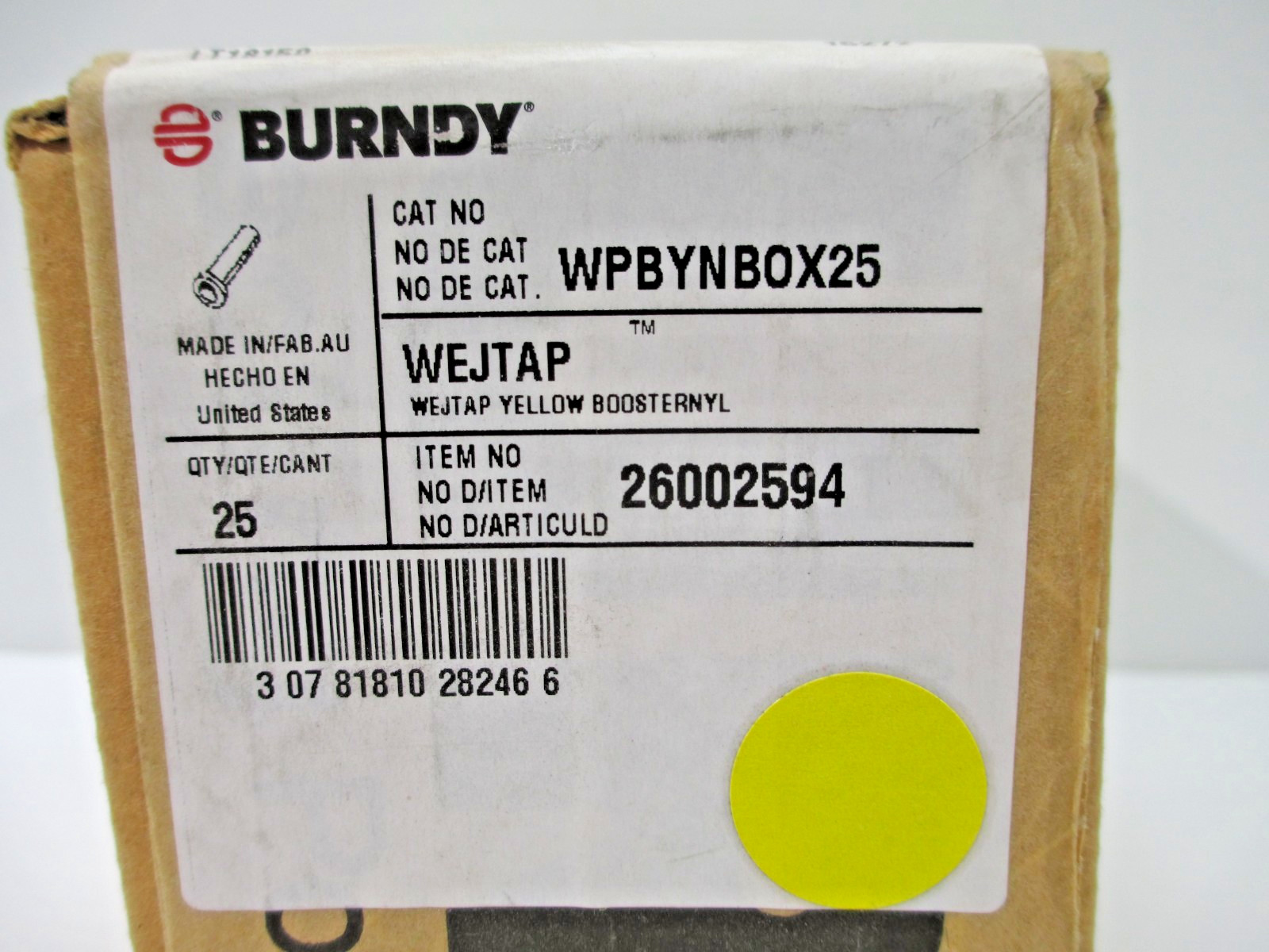 OEM BURNDY Wejtap Yellow Booster Nylon Shell Cartridges Box of 25 26002594