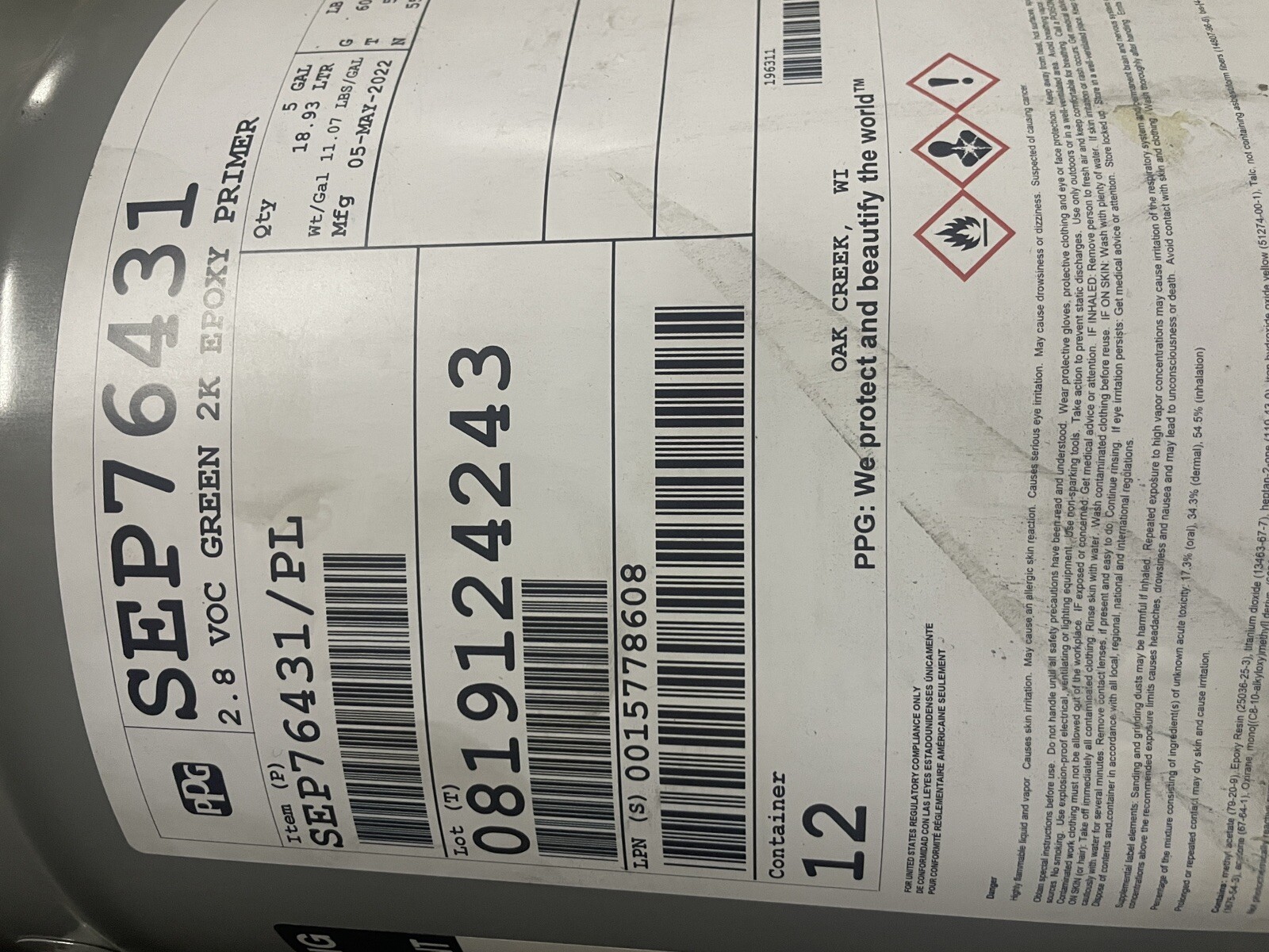 PPG SEP76431 2.8 VOC GREEN 2K EPOXY PRIMER SPECTRACRON 5 GALLONS RARE 18 LITERS