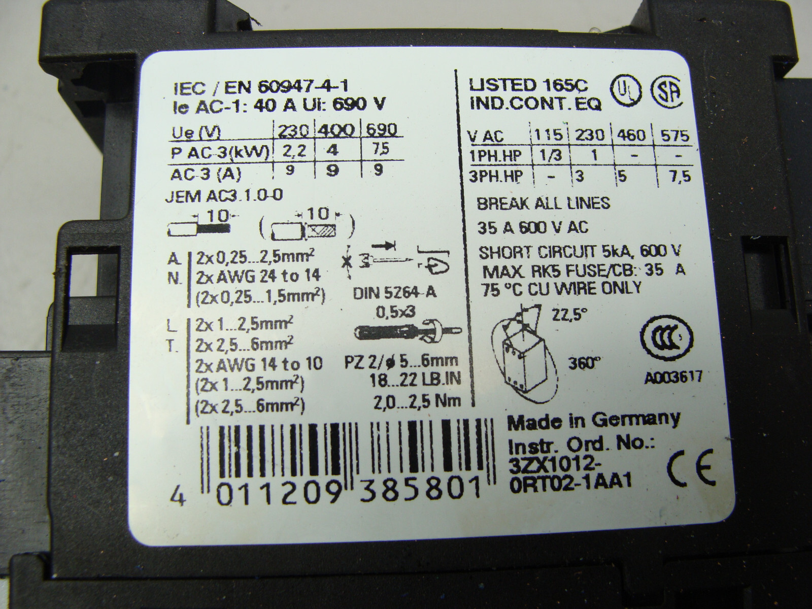 SIEMENS CONTACTOR 3RT1023-3A W/3RH1921-2CA10 AUX CONTACT & 3RT1926-1BC00