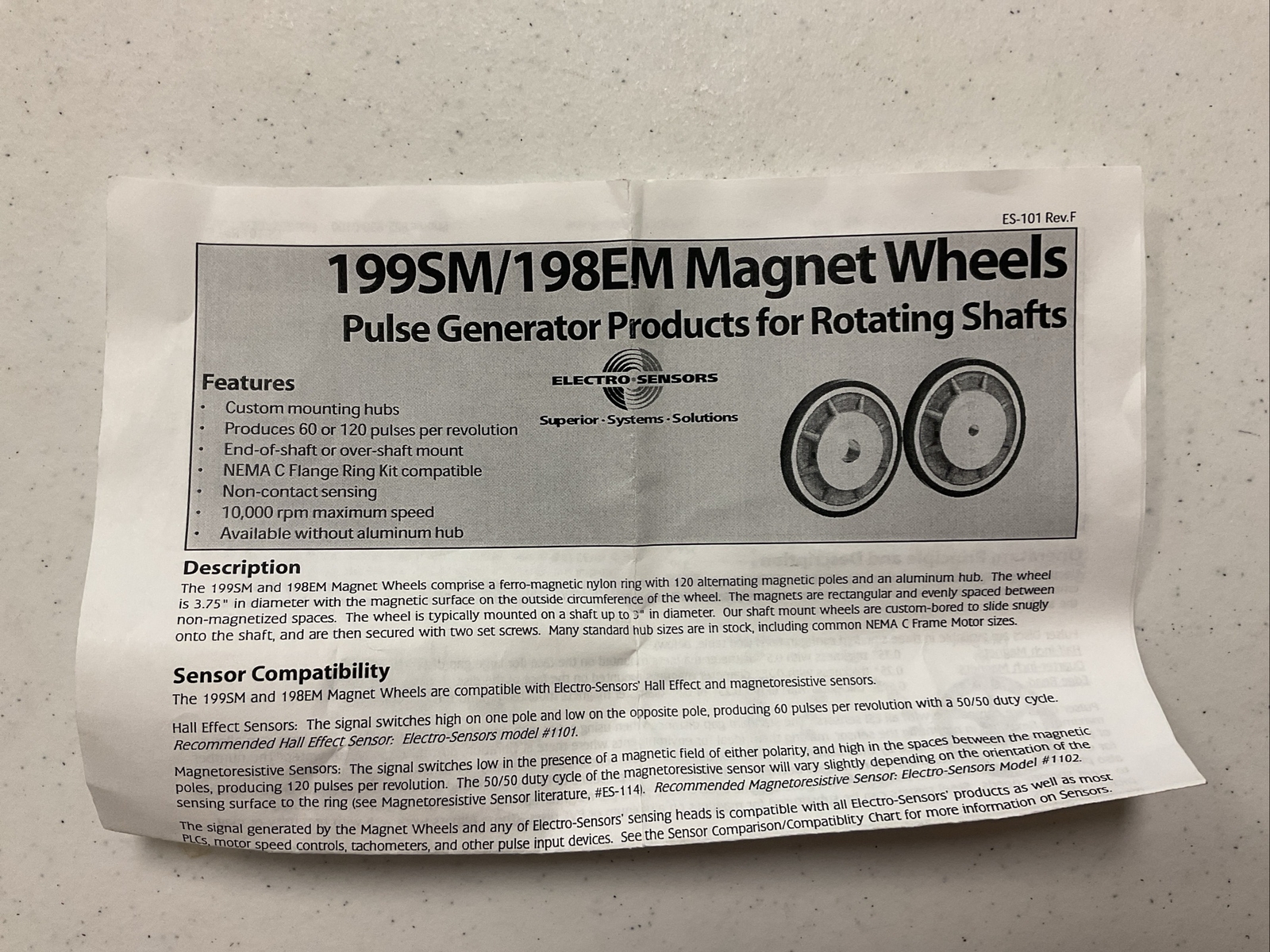 NEW, ELECTRO-SENSORS 199SM / 198EM MAGNET WHEEL 1.OOO”, FREE SHIPPING