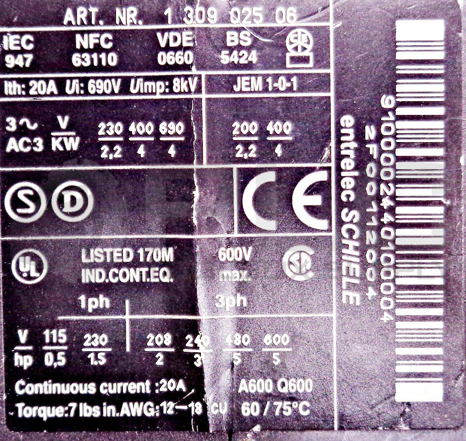 ENTRELEC SCHIELE KLDC4S-10 CONTACT SWITCH 1 309 025 06