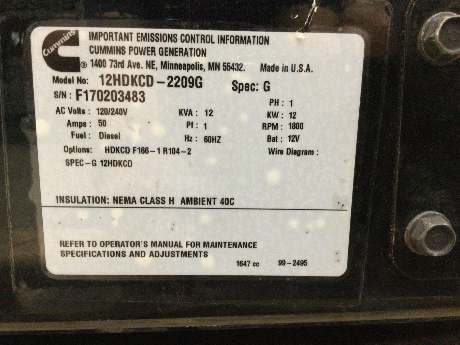 Cummins Onan 12HDKCD-2209G Commercial QD 12kW Diesel Generator 120/240V