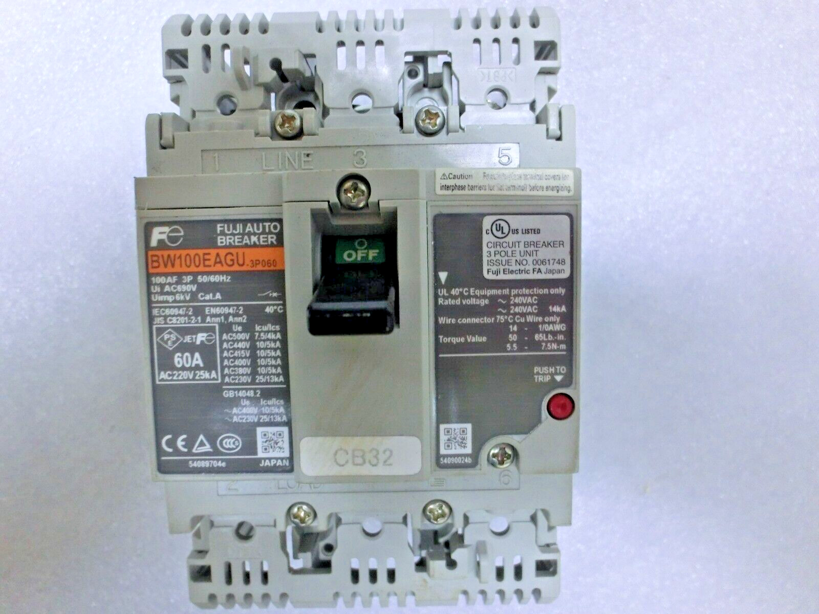 Fuji Electric BW100EAGU-3P060 Earth Leakage Current Breaker,3P,60A,Tokyo_,8988