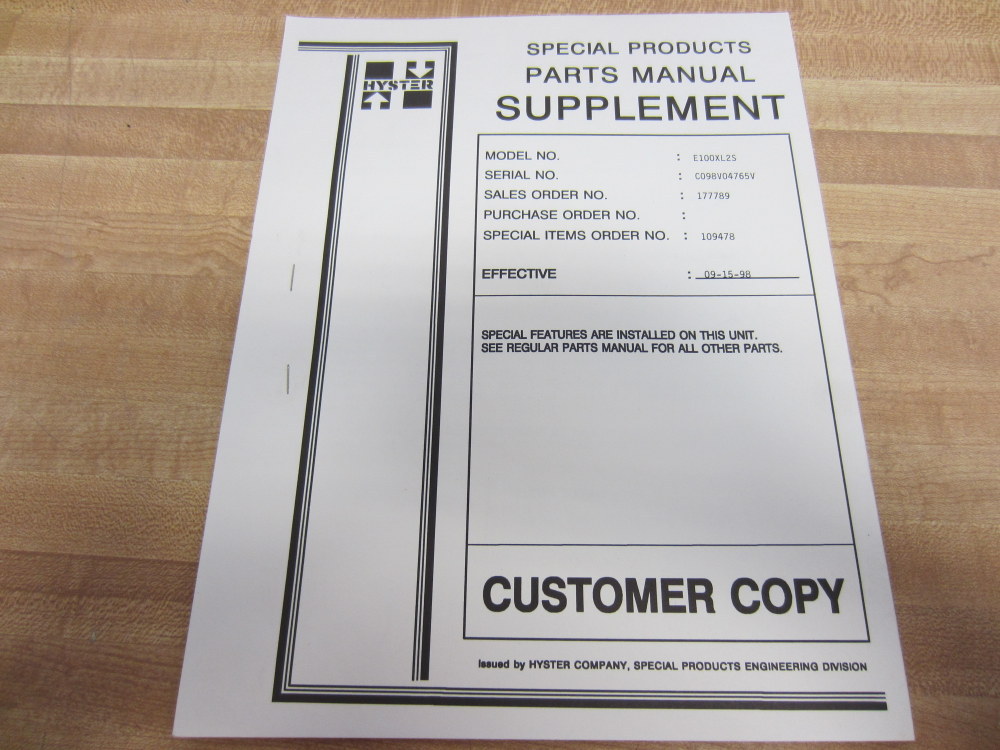 Hyster E100XL2S Special Products Parts Manual Customer Copy Hy-E100XL2S