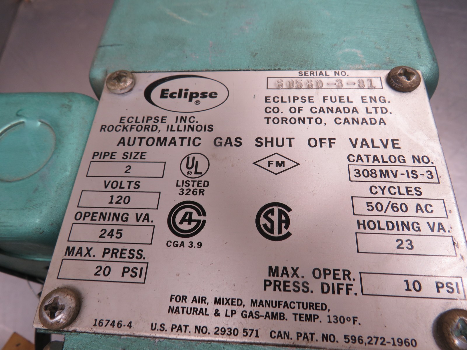 Eclipse 308MV-IS-3 Gas Shut Off Valve 2″ 120V