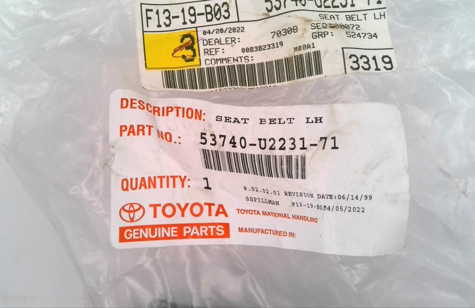 TOYOTA 53740-U2231-71 SEAT BELT LH