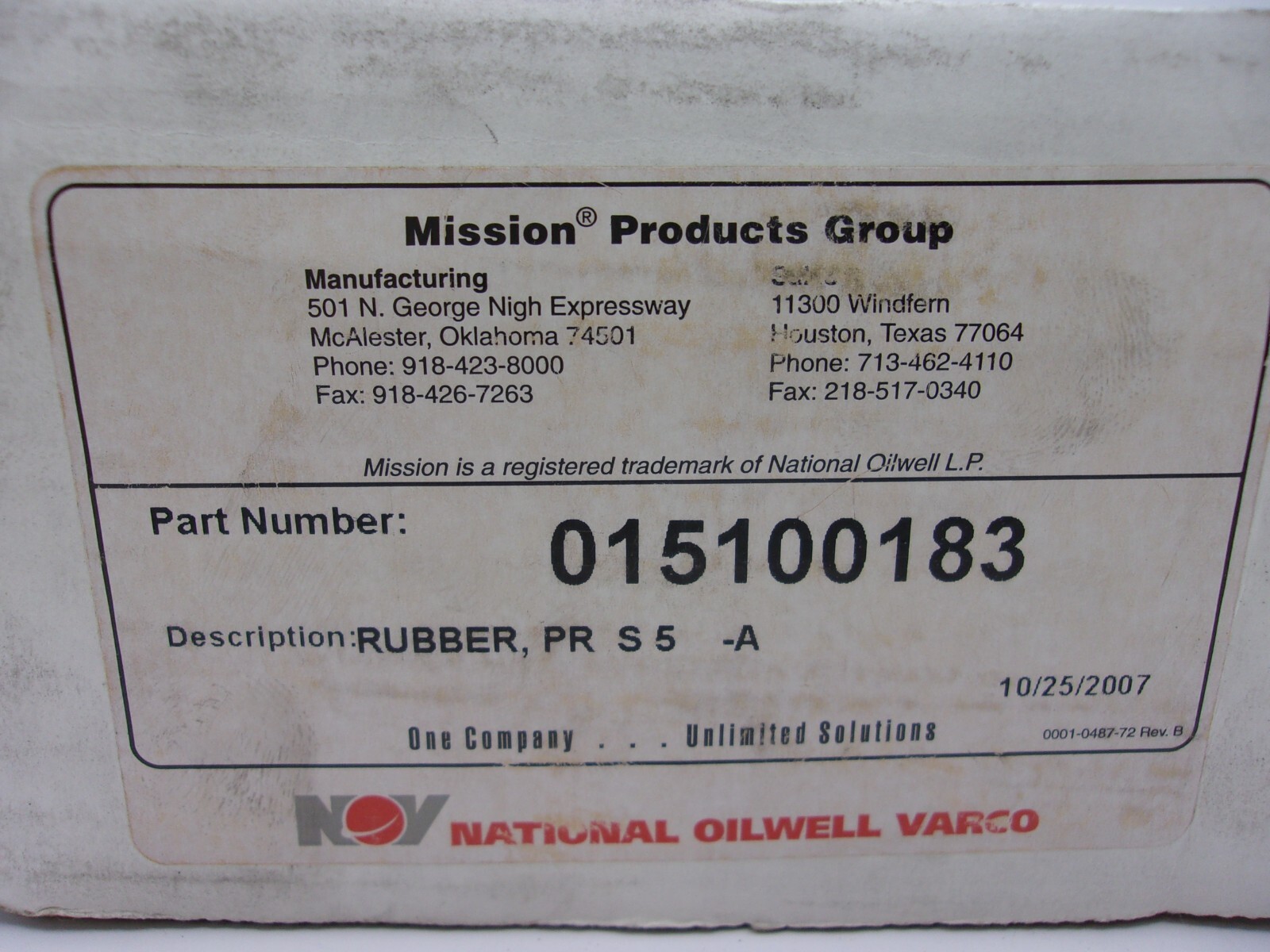 NOV, NATIONAL OILWELL VARCO 015100183, 5″ RUBBER, PR S 5-A, 0887A
