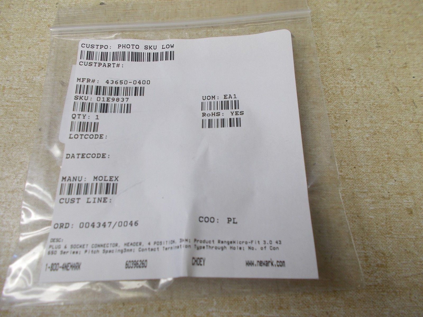 NEW Molex 43650-0400 Socket & Plug Connector *FREE SHIPPING*