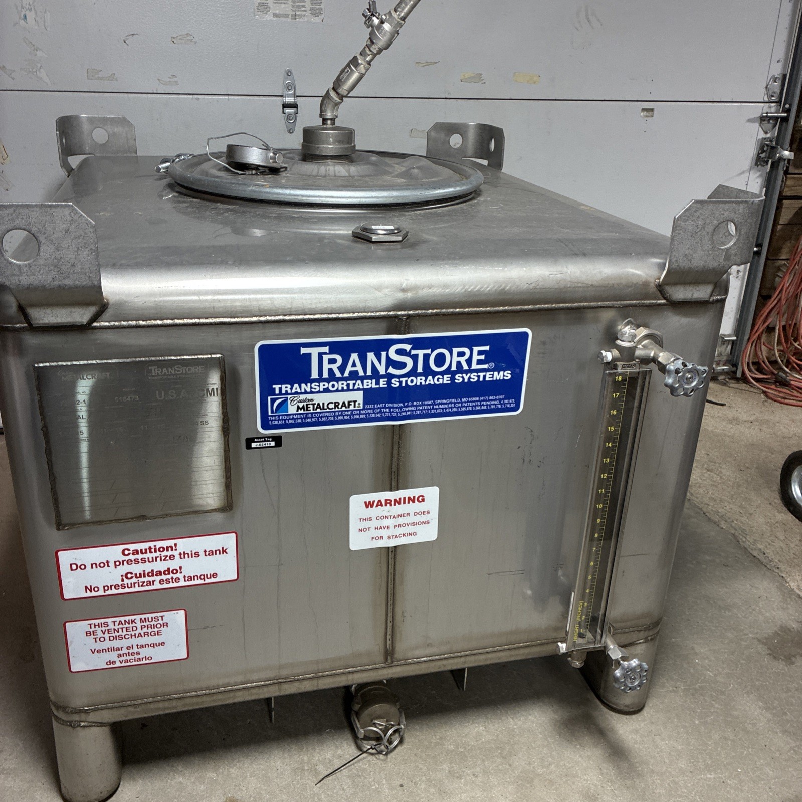 TranStore 250 Gallon 304 Stainless Steel Stackable IBC W/ Liquid Site Glass