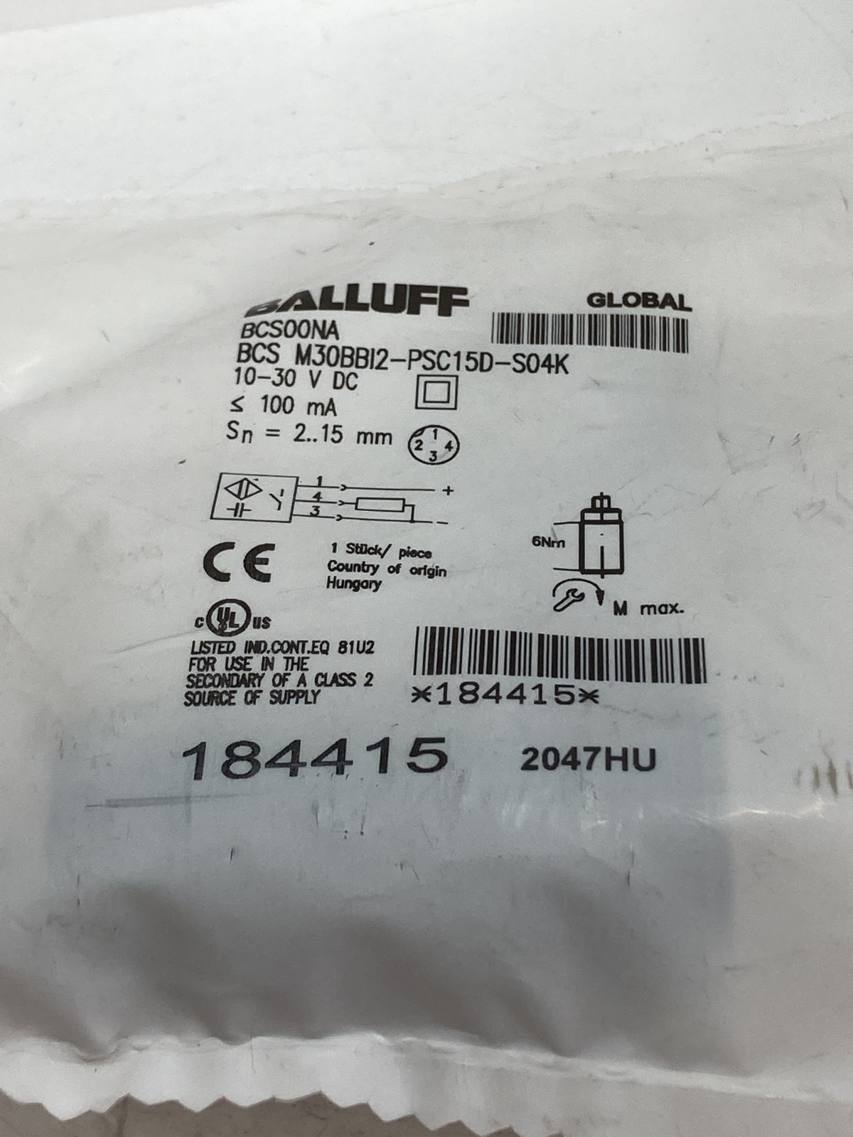 BALLUFF BCS M30BBI2-PSC15D-S04K CAPACITIVE SENSOR 10-30VDC 100MA SN=2-15MM NIB