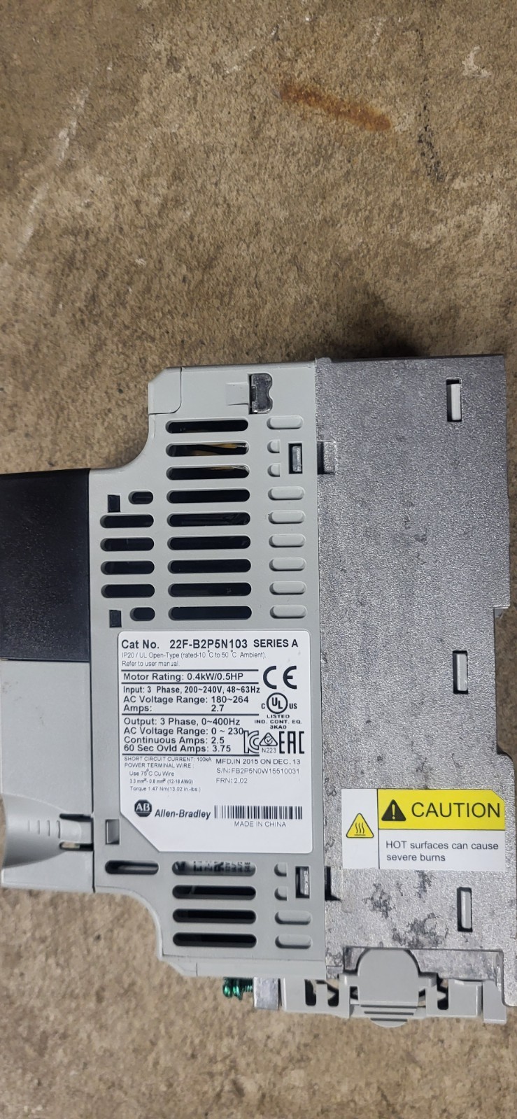 Allen-Bradley 22F-B2P5N103 AC Drive 0.5HP 0.4kW 240V 3PH in/Out & Power Supply.
