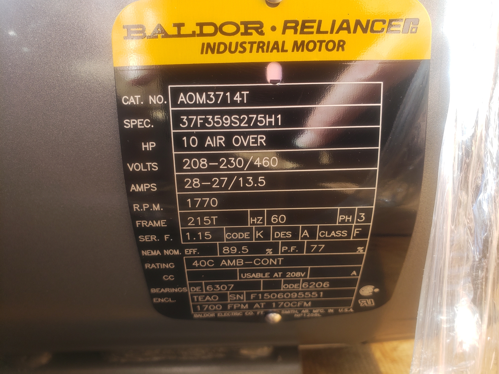NSOP Baldor-Reliance Motor AOM3714T 10 AIR OVERHP 1770RPM 3PH 60HZ A0M3714T