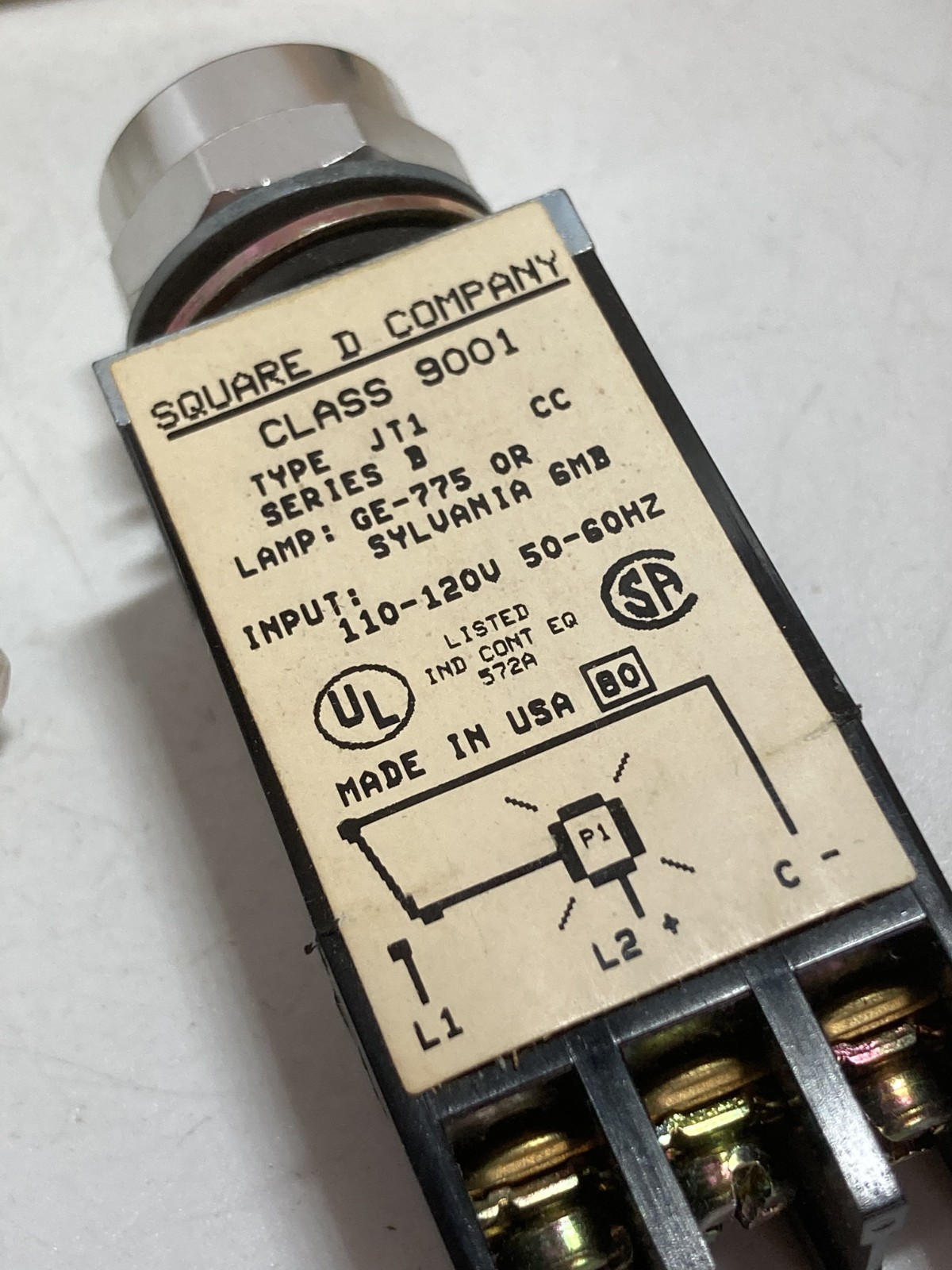 SQUARE D 9001JT1 PUSH TO TEST PILOT LIGHT 110-120V 50-60HZ WO/LENS NIB
