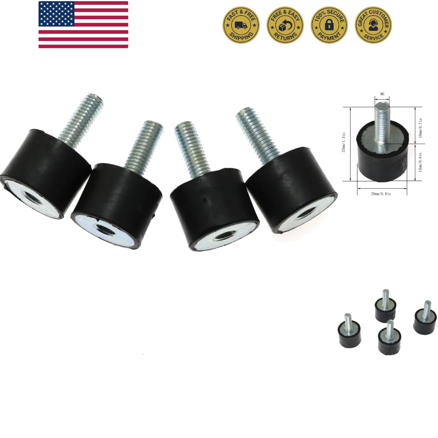 4pcs M6 x 18mm Male Thread 20 x 15mm Rubber Base Vibration Isolator Mount Sho…