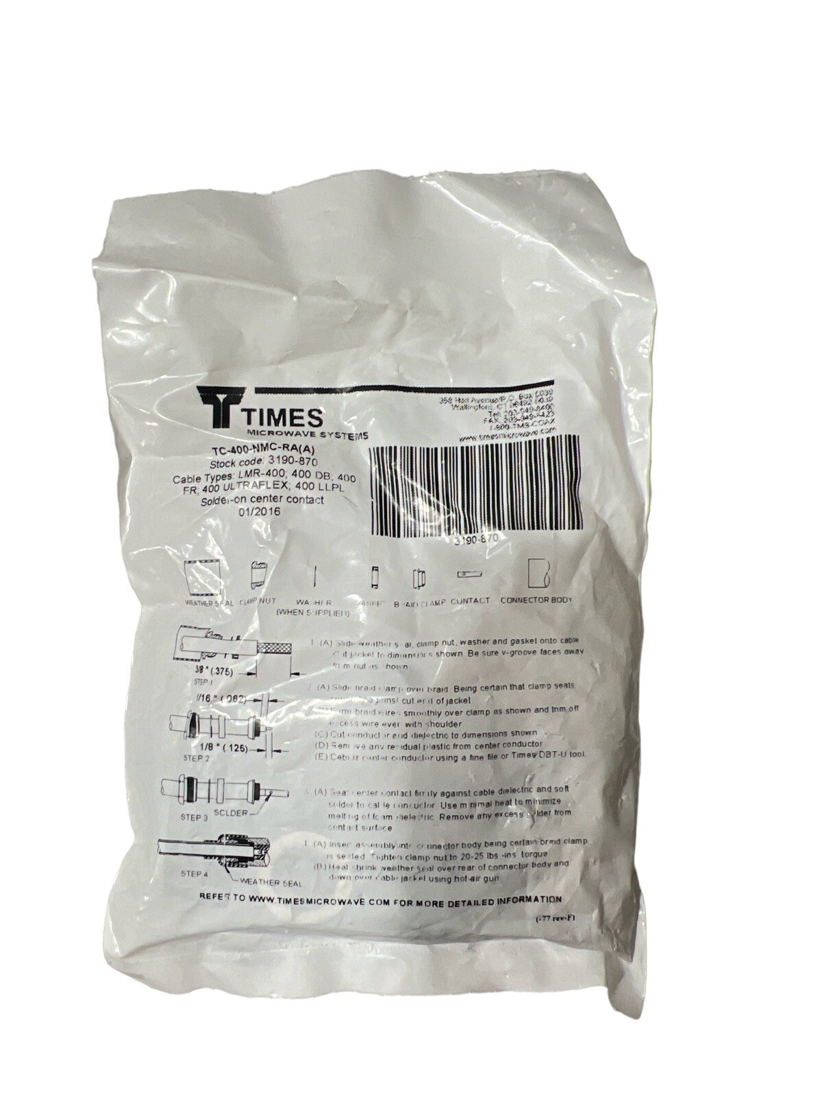 Times Microwave TC-400-NMC-RA-A Type N, male (plug), right angle, TC style conne
