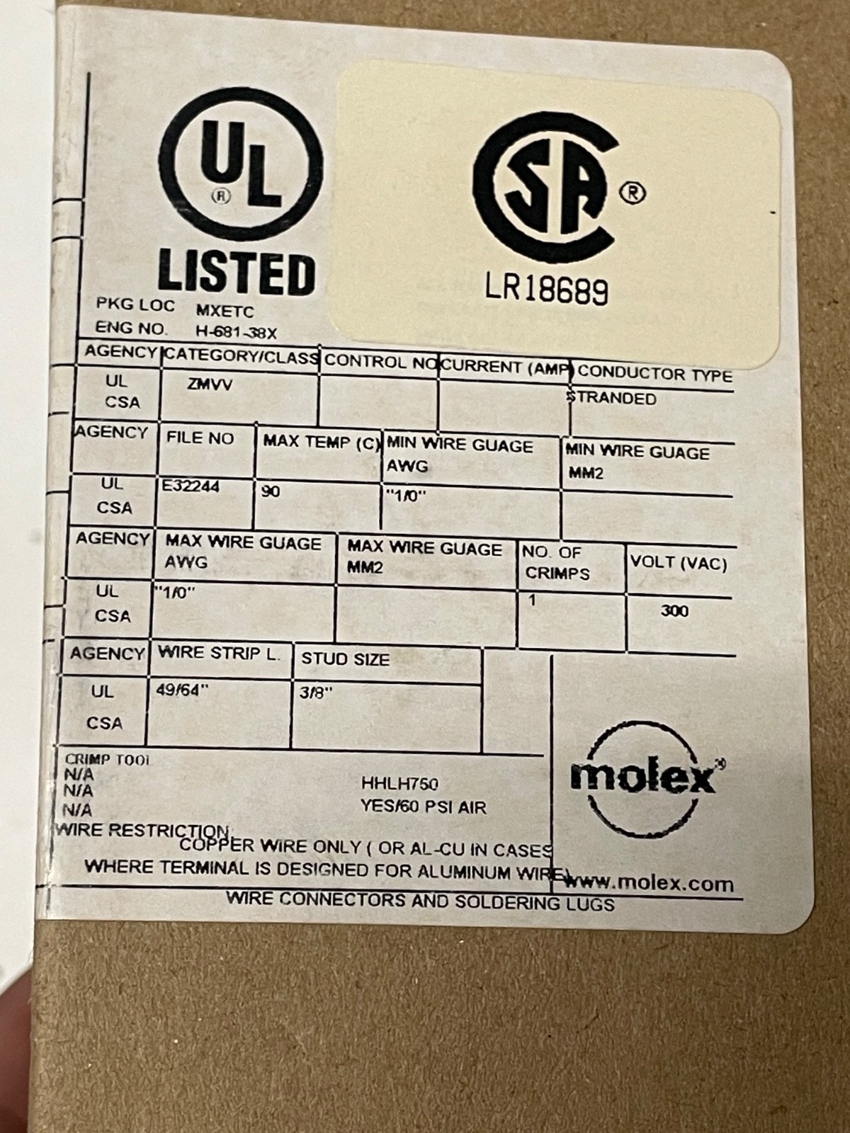 Box of 50 Molex 0190710305 Insulated Ring Terminal 1/0 AWG 3/8 Stud Crimp 300V