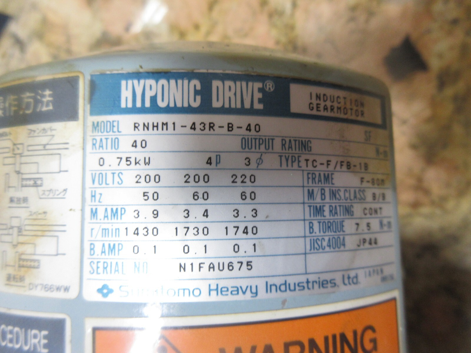 SUMITOMO HYPONIC DRIVE GEAR MOTOR RNHM1-43R-B-40 0.75KW 4P TC-F/FB-1B F-80