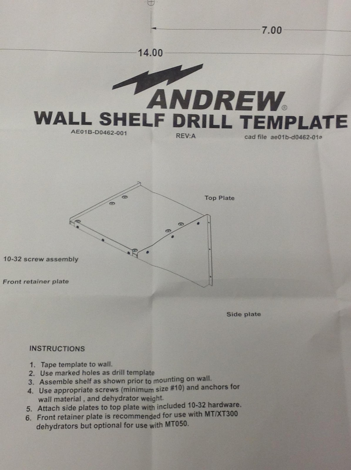 NEW Andrew AE01D-D1658-100 Wall Shelf Drill Template w/ All Accesories FREE SHIP