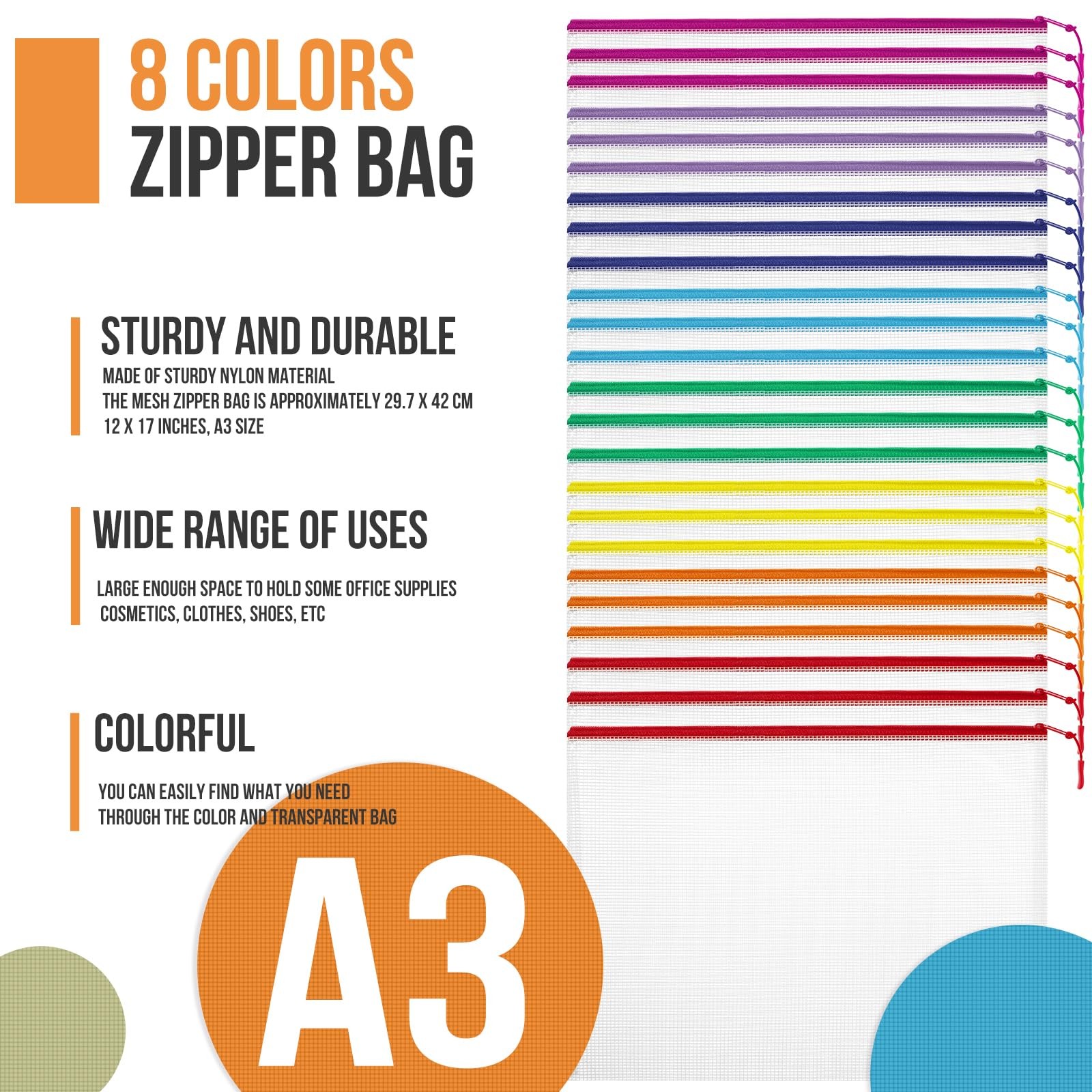24pcs Mesh Zipper Pouch File Bags Puzzle Storage Bags, A3 17×12 A3, 8 Colors