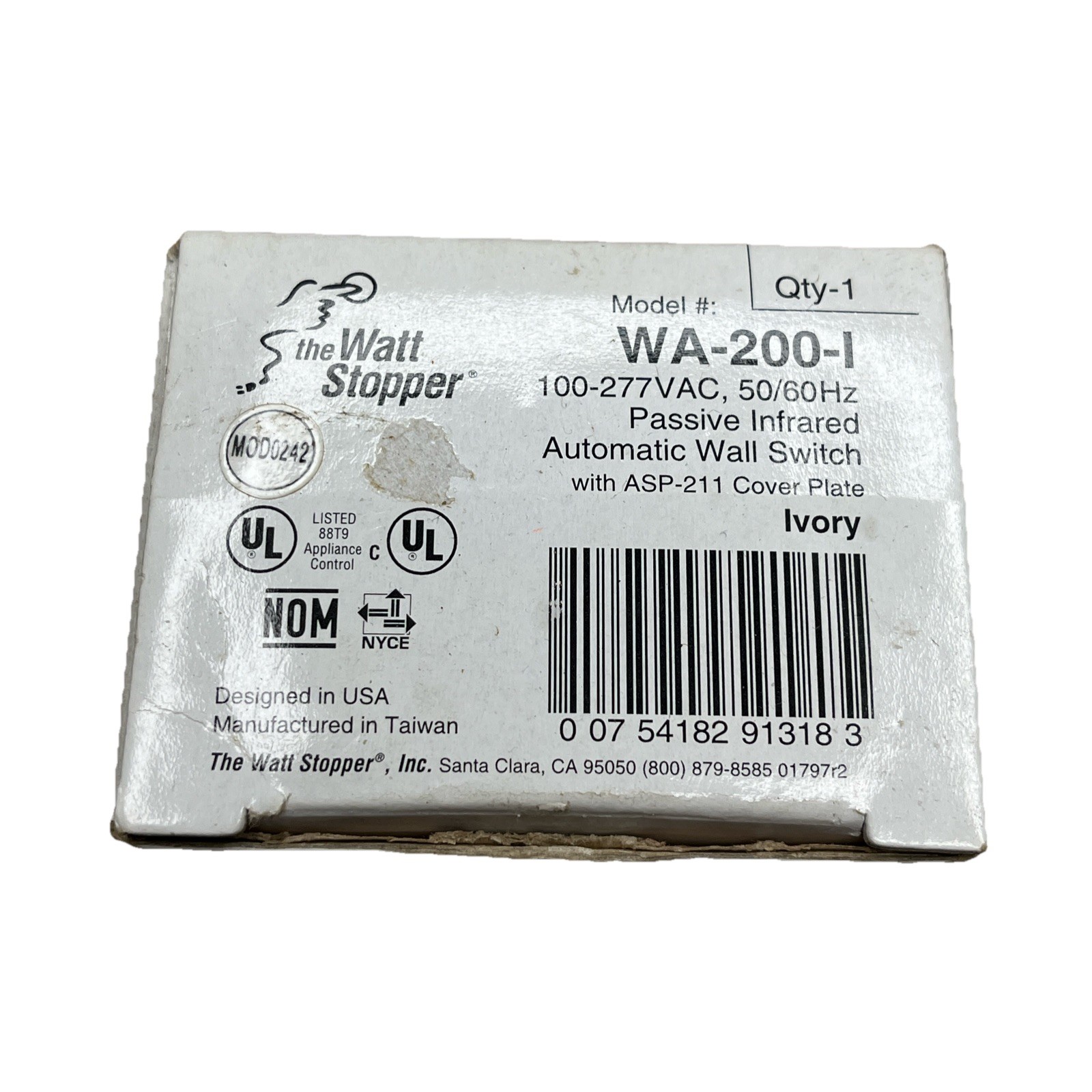 Watt Stopper WS-200-I Automated Wall Switch 120-277 VAC 60 Hz Ivory