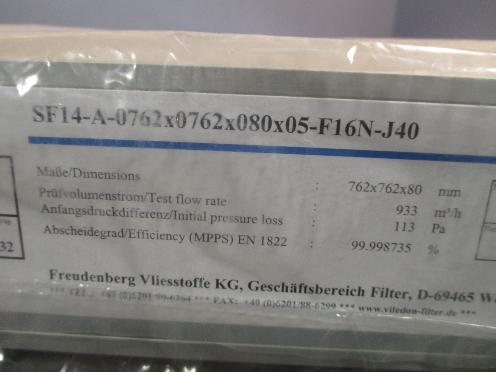 Freudenberg 53306067 HEPA/ULPA Filter SF14-A-0762X0762X080X05-F16N-J40