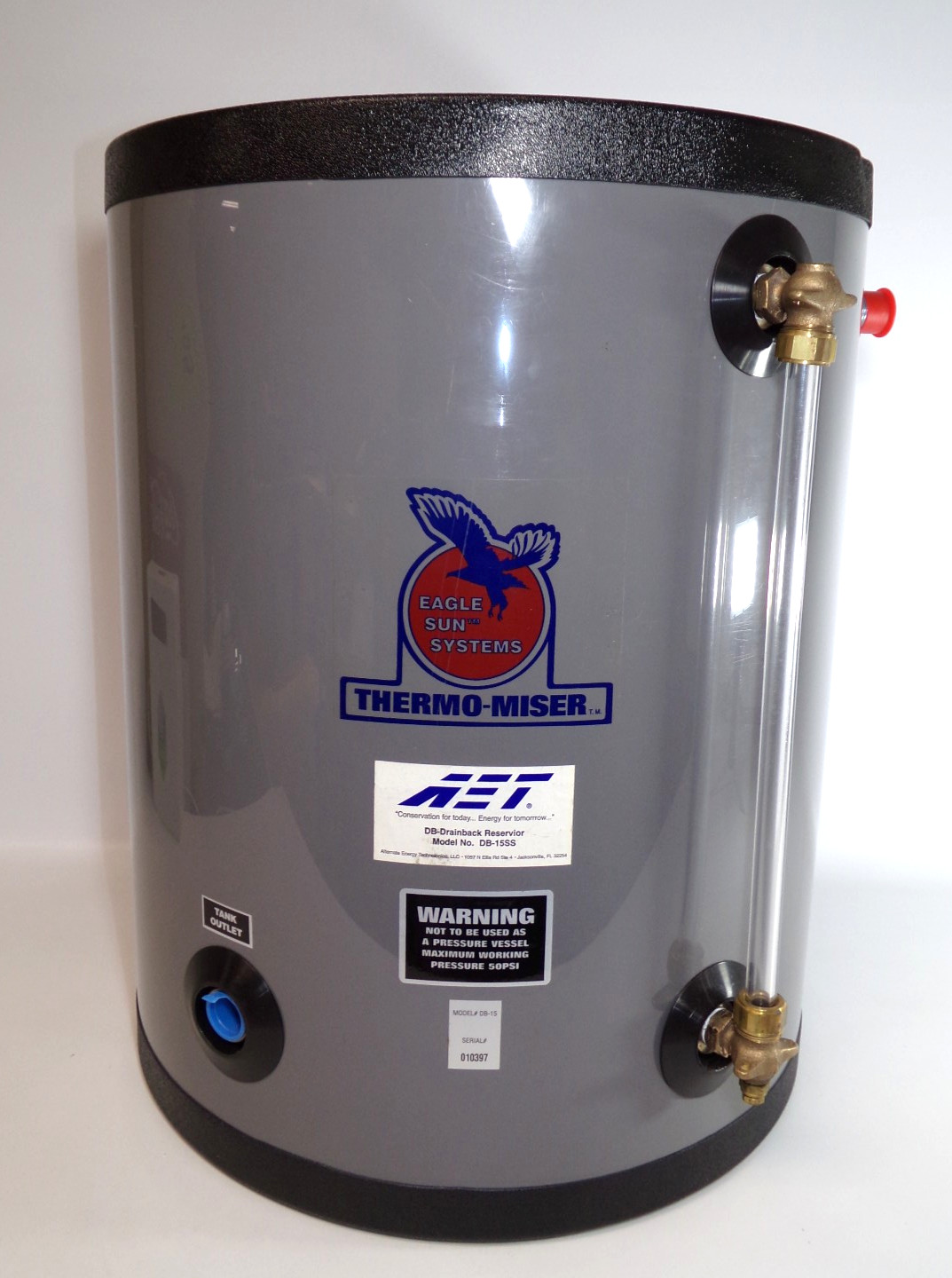 AET Thermomiser DB-15SS Stainless Steel Drainback Reservoir Tank w/ Sight Glass