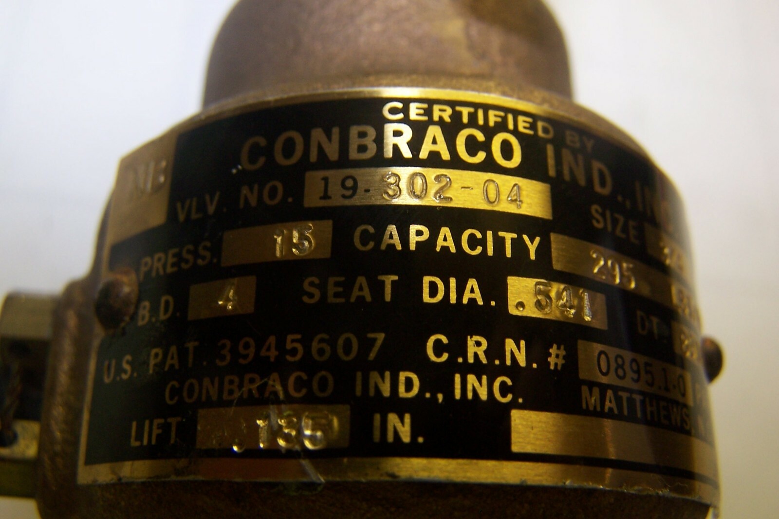 CONBRACO 3/4″ SAFETY RELIEF VALVE 15 PRESSURE 295 LBS/HR 19-302-04
