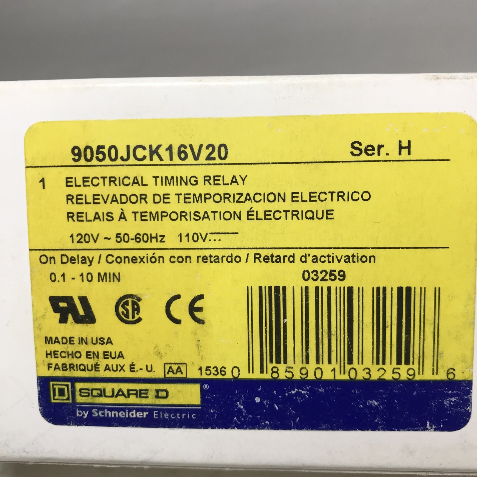 SQUARE D 9050JCK16V20 ELECTRICAL TIMING RELAY 0.1-10MIN Ser H On Delay 120v