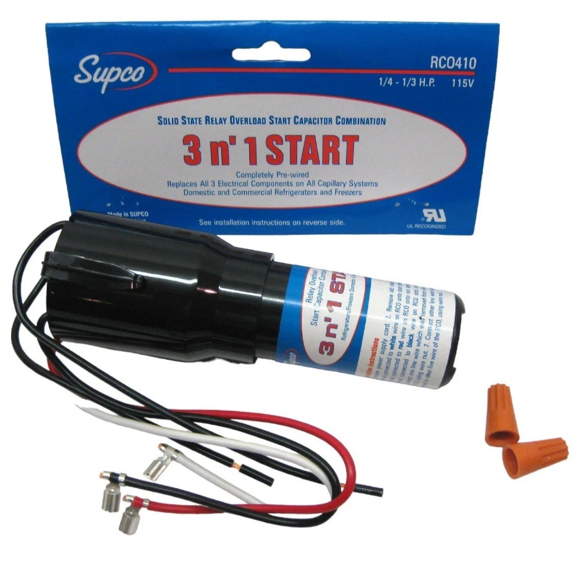 Supco RCO410 Refrigerator Relay Overload 3N1 Start Run Capacitor 1/4-1/3 HP 115V
