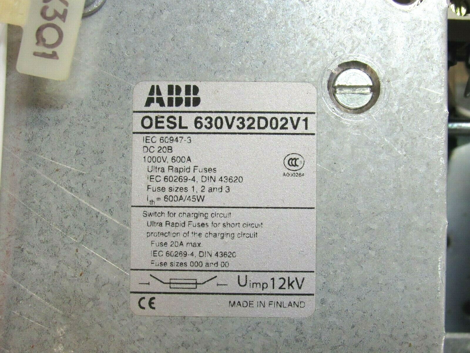 ABB OESL 630V32D02V1 PRE CHARGING FUSIBLE DISCONNECT SWITCH 1000V 600A