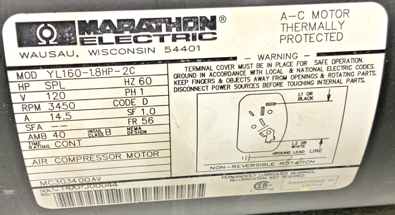 Campbell Hausfeld Marathon WL373001AJ Fan w/ YL160-1.8HP-2C Air Compressor Motor