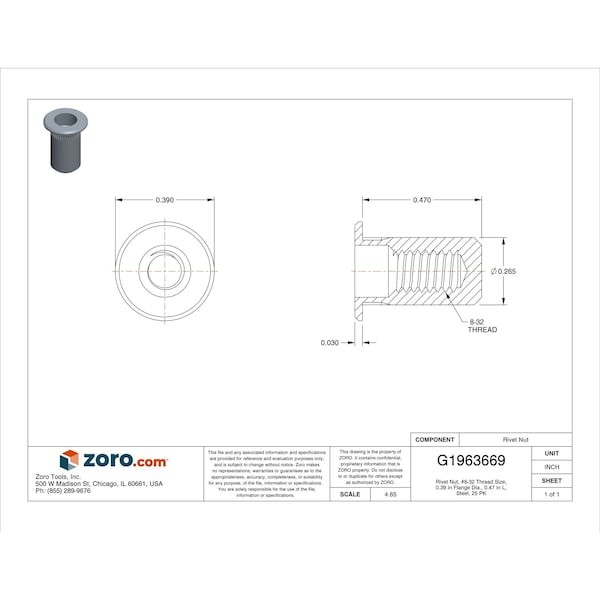 Avk Als4t-832-130B Rivet Nut, #8-32 Thread Size, 0.39 In Flange Dia., 0.47 In