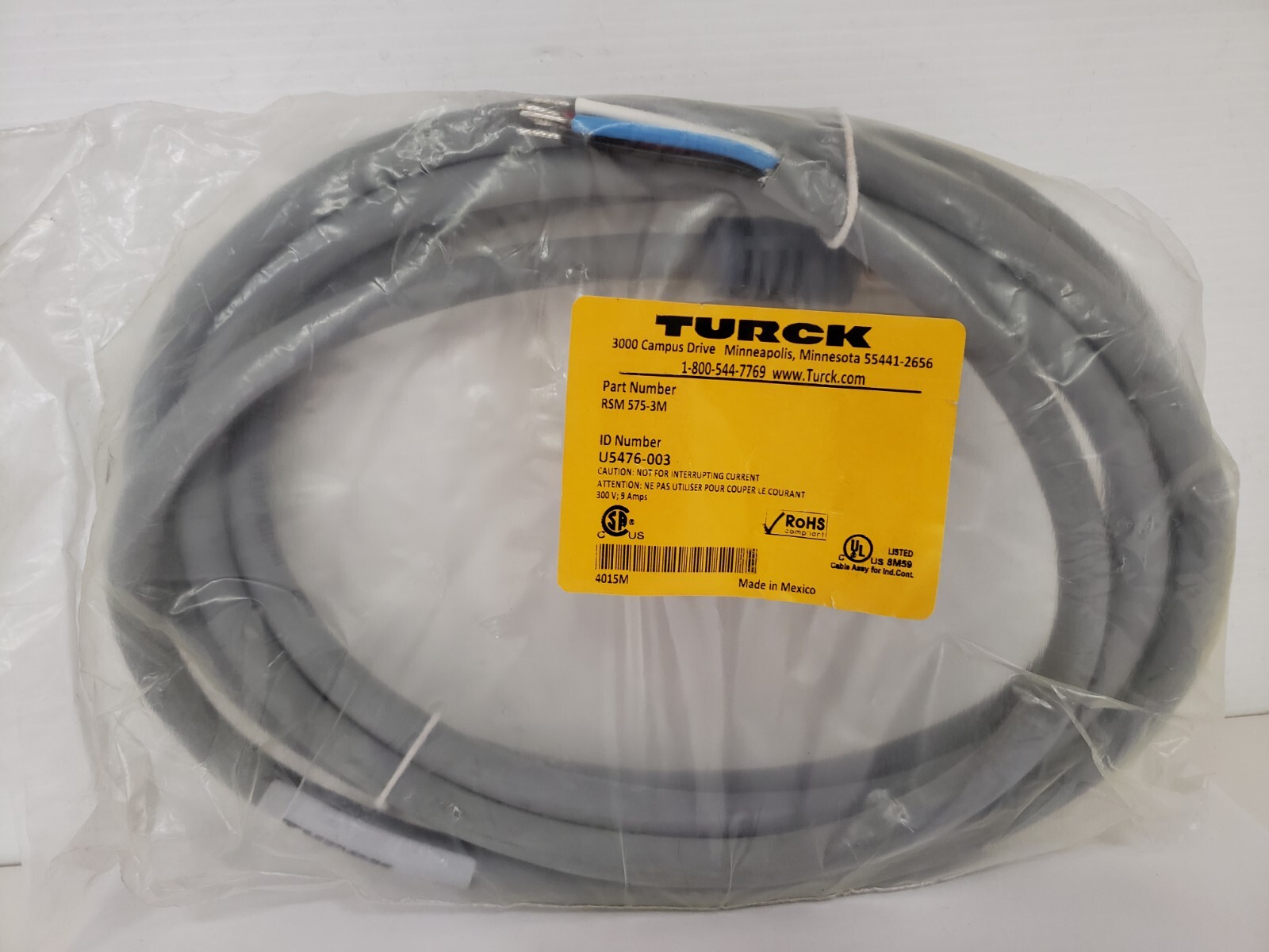 TURCK RSM 575-3M NETWORK CORDSET MALE CONNECTOR 5 PINS (U5476-003) NIB