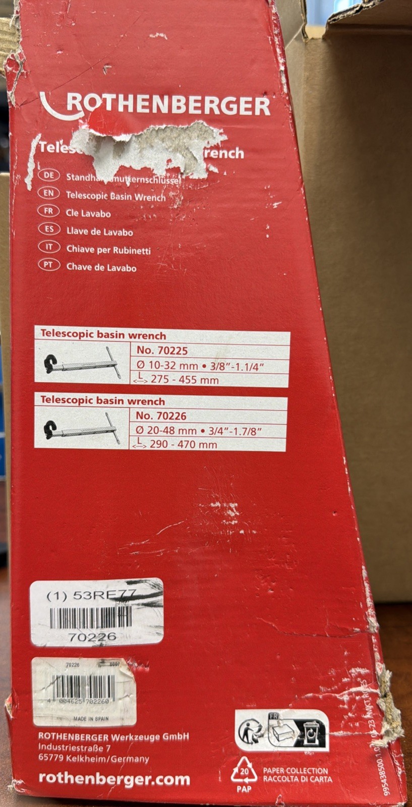 Rothenberger 70226 Telescopic Basin Nut Wrench, 18-1/2″ L Blemished Box New