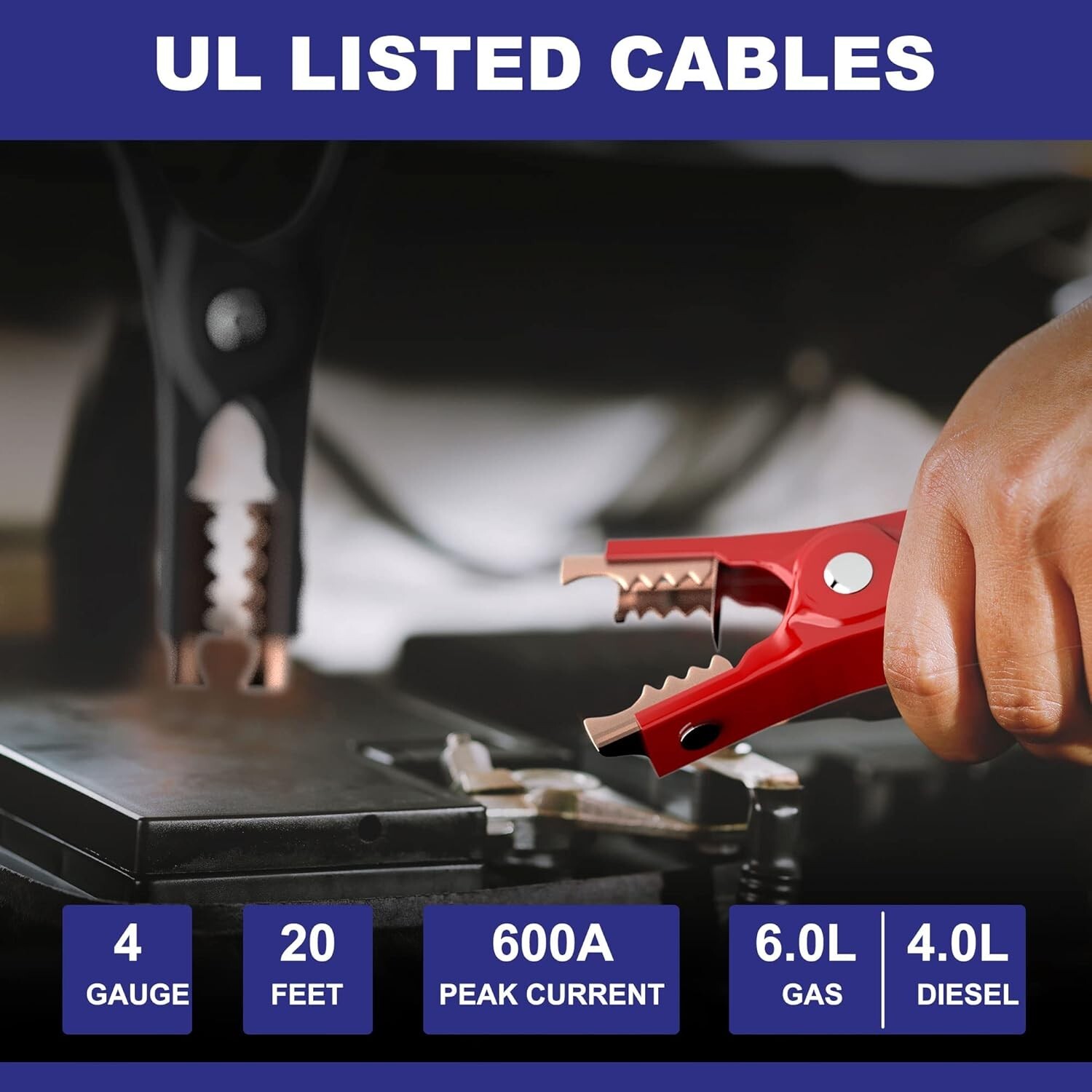 Heavy Duty Jumper Cables – 4 Gauge 20 Feet 600Amp Automotive Booster Cables for
