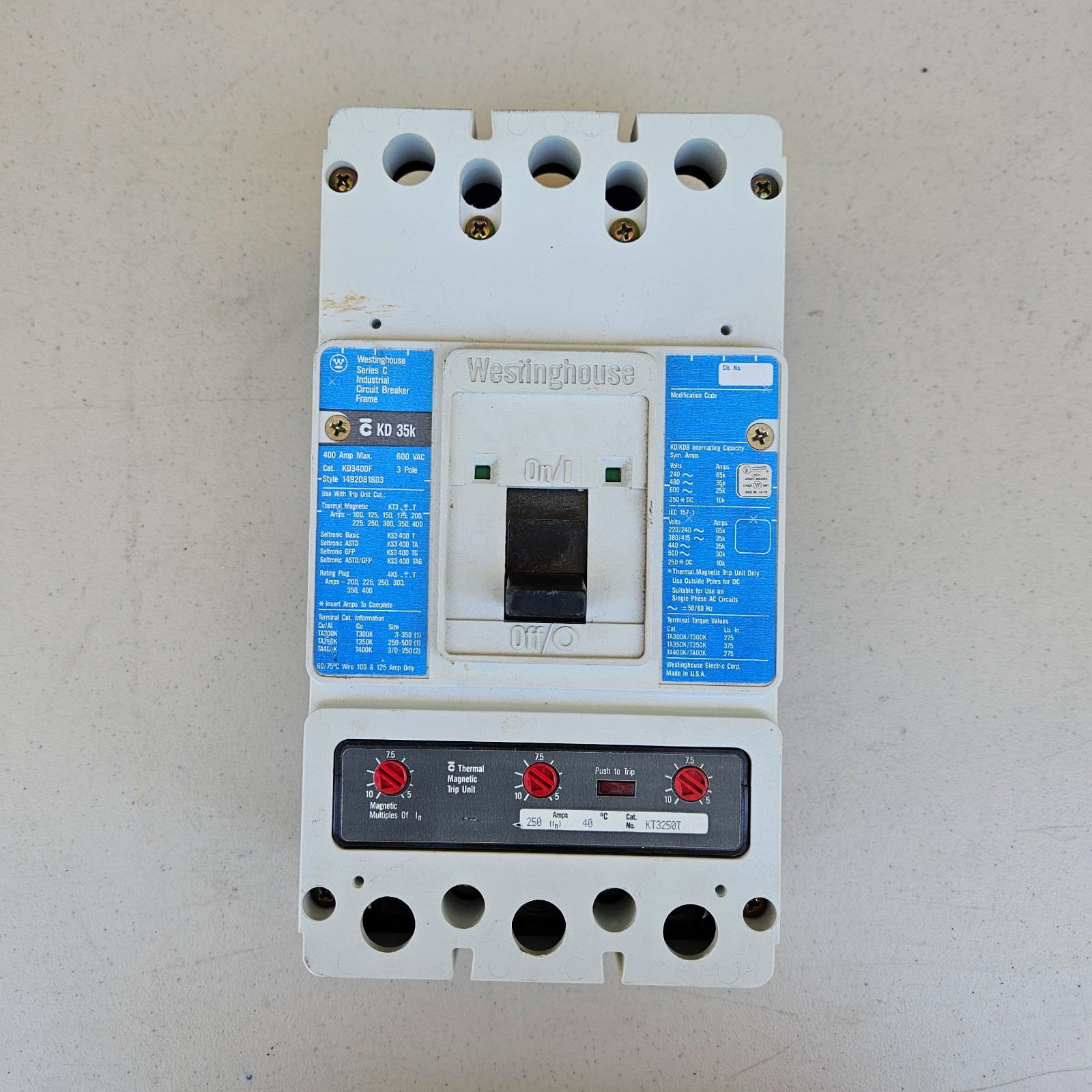 Westinghouse KD3400F Series C Circuit Breaker 400A 600VAC 3 Pole