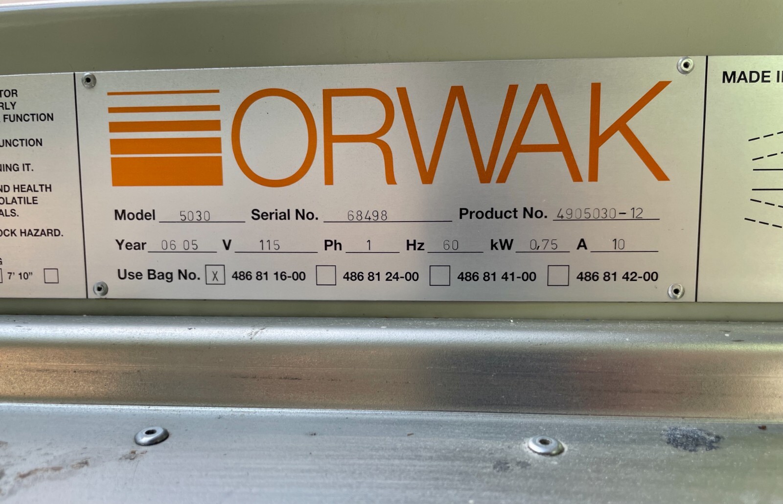 Orwak Commercial Waste Trash Compactor 5030 115v Ph1 Flex In-Bag 50/60hz